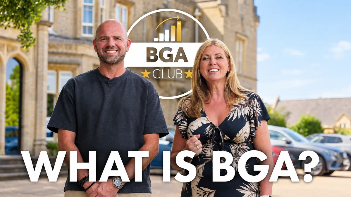 David Butler and Jacquie Hale outside the venue, with the words What is BGA?